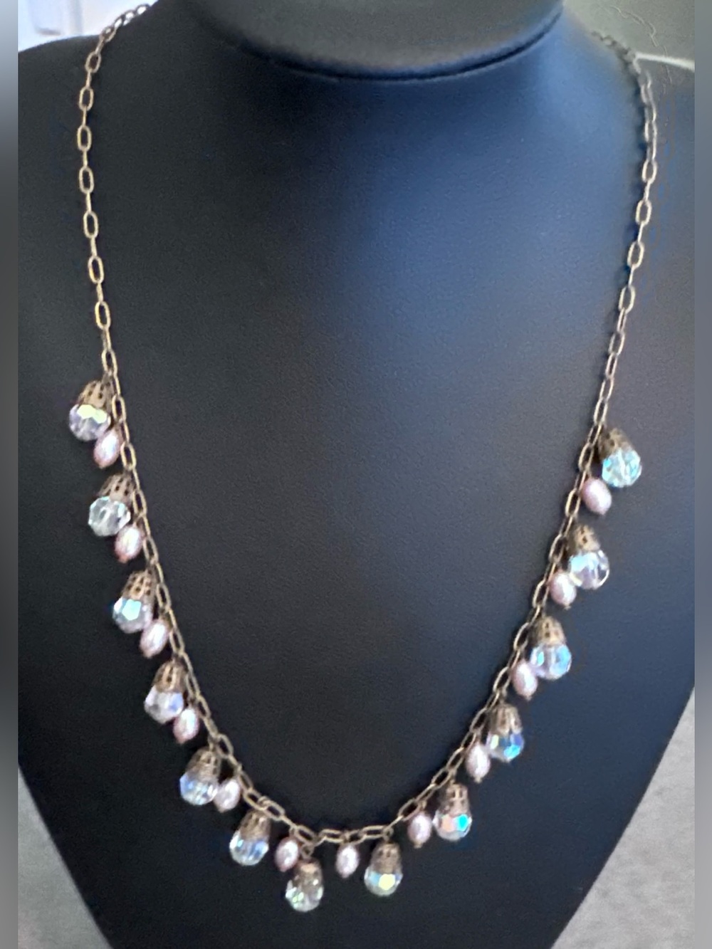 Antiqued Brass-Tone Necklace with Pink Pearl & Crystal Drops in Filigree Caps